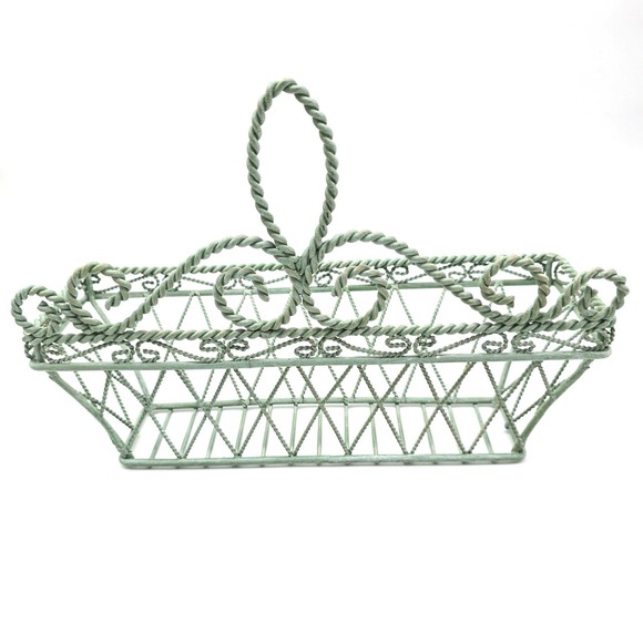 Vintager Style Wrought Iron Wall Basket Sage Green Twisted Wire Design 12x7x4 - Picture 2 of 8